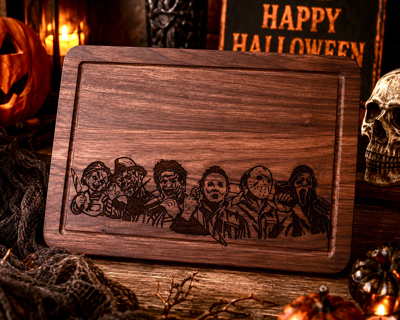 Horror Movie Character Engraved Bamboo Cutting Board | Personalized Halloween Kitchen Decor | Horror Fan Gift