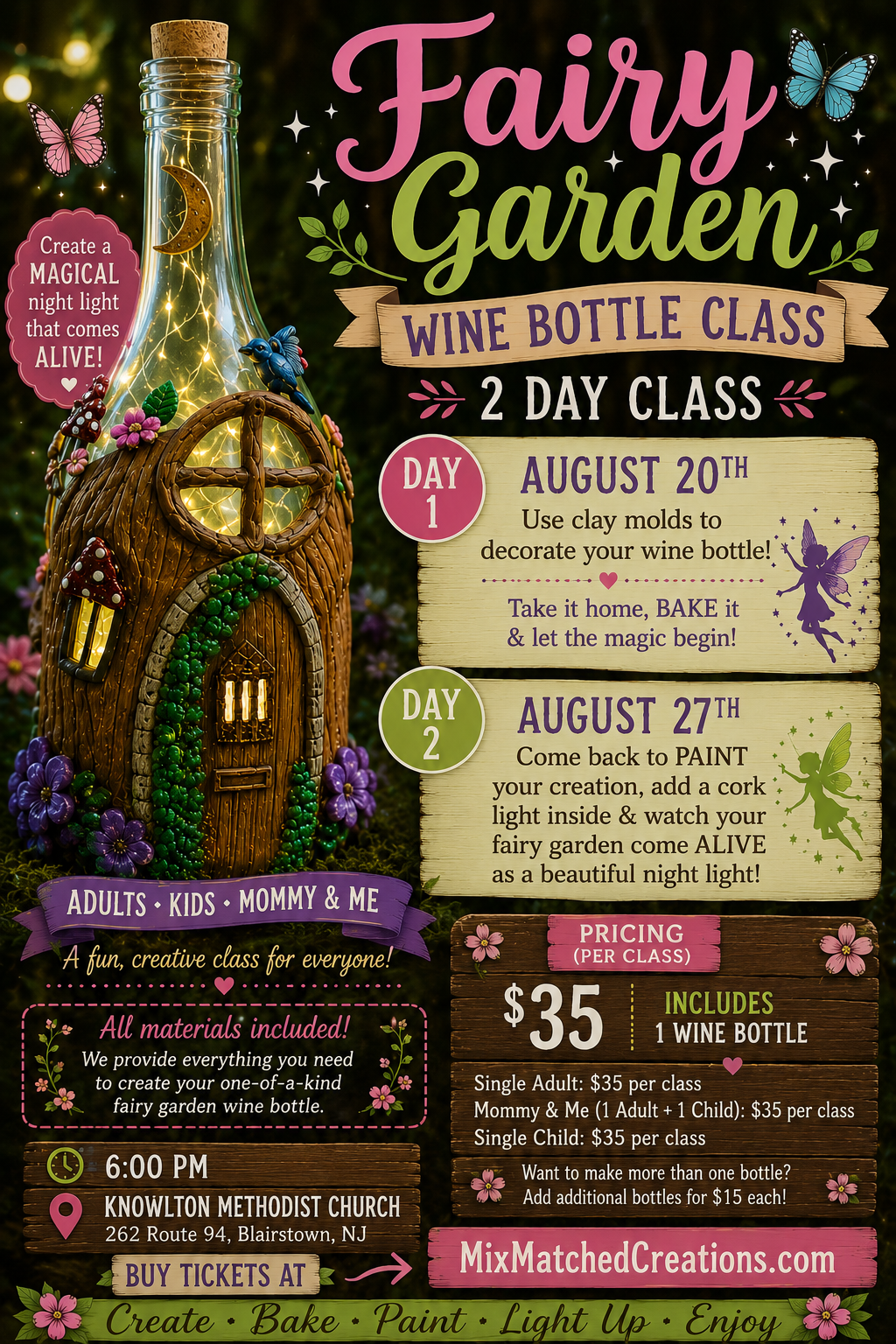 🧚‍♀️✨Fairy Garden Wine Bottle Night Light Class | 2-Day DIY Workshop ✨🍷 August 20th & 27th