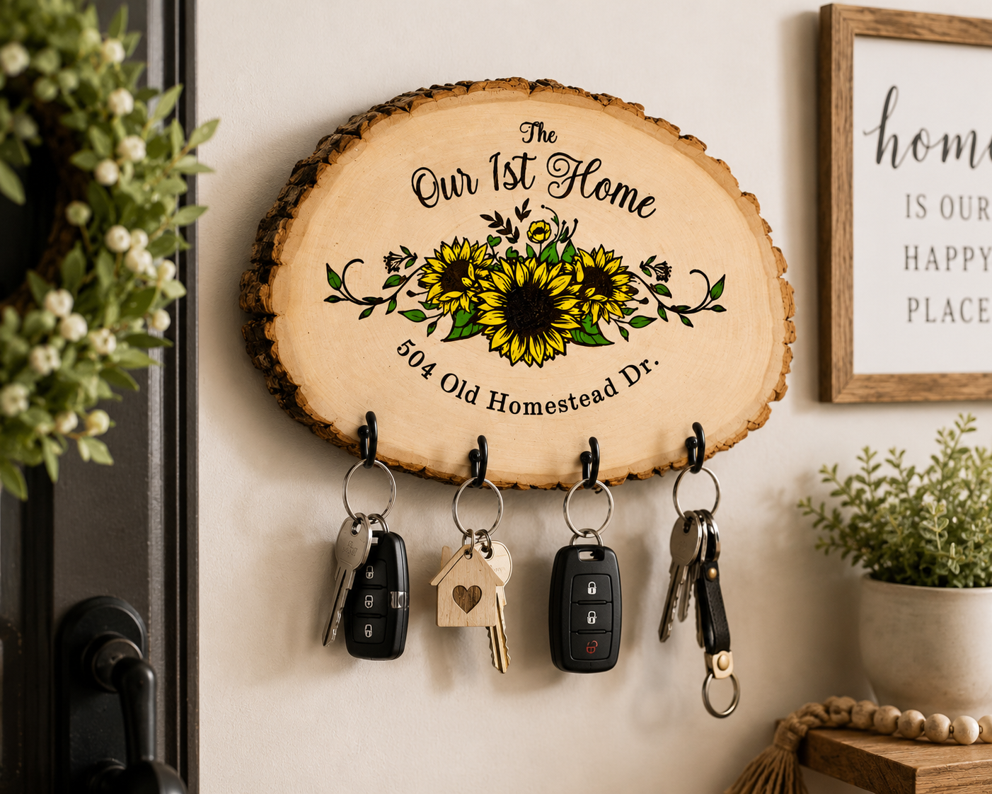 Personalized Our First Home Key Holder | Sunflower Rustic Wood Slice Key Rack | Custom Housewarming Gift