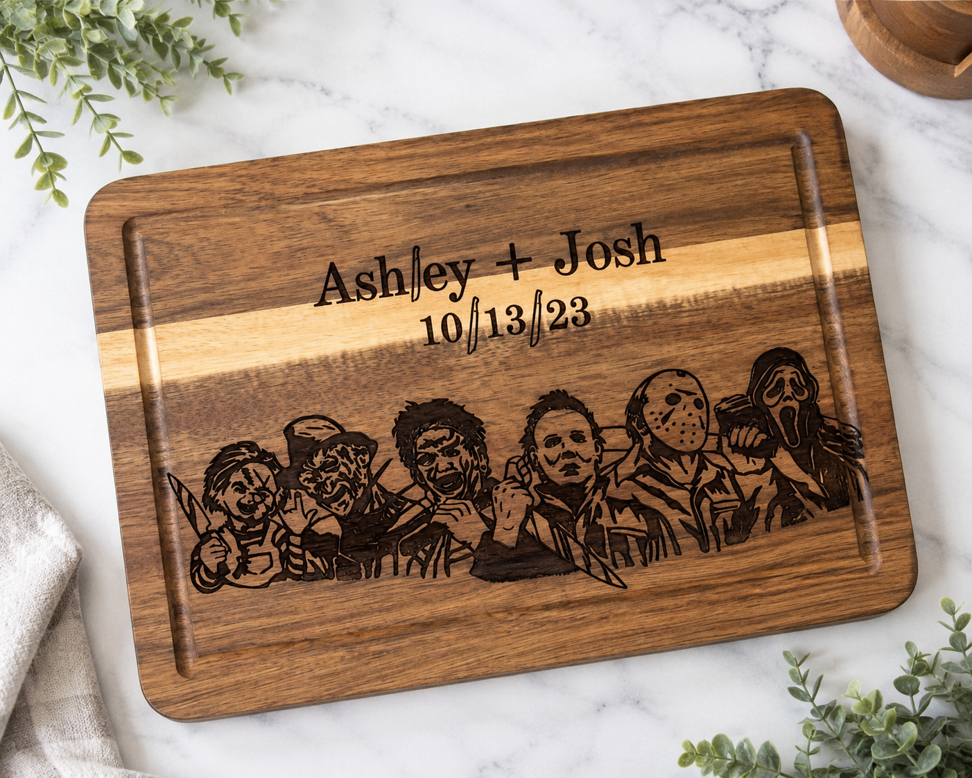 Horror Movie Character Engraved Bamboo Cutting Board | Personalized Halloween Kitchen Decor | Horror Fan Gift
