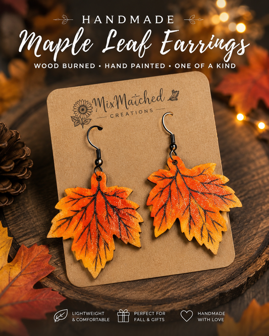 Handmade Maple Leaf Wood Burned Earrings | Hand-Painted Fall Leaf Earrings | Lightweight Autumn Jewelry