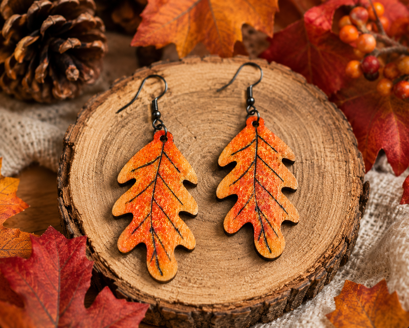 Handmade Oak Leaf Wood Burned Earrings | Hand-Painted Autumn Leaf Wooden Earrings | Lightweight Fall Jewelry