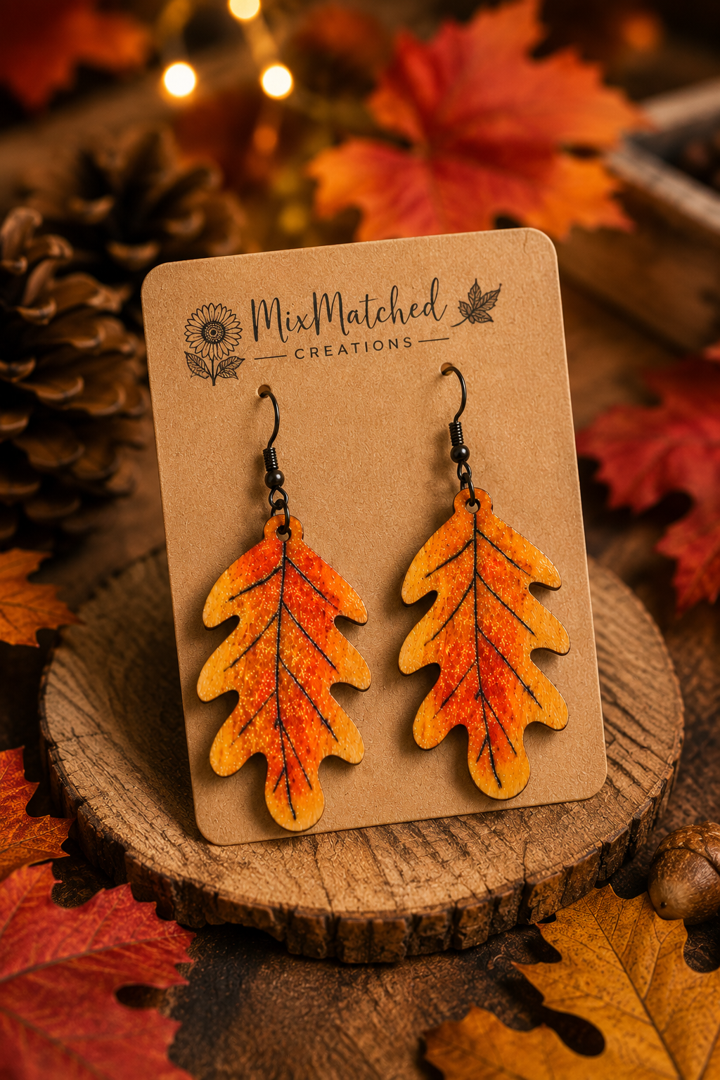 Handmade Oak Leaf Wood Burned Earrings | Hand-Painted Autumn Leaf Wooden Earrings | Lightweight Fall Jewelry