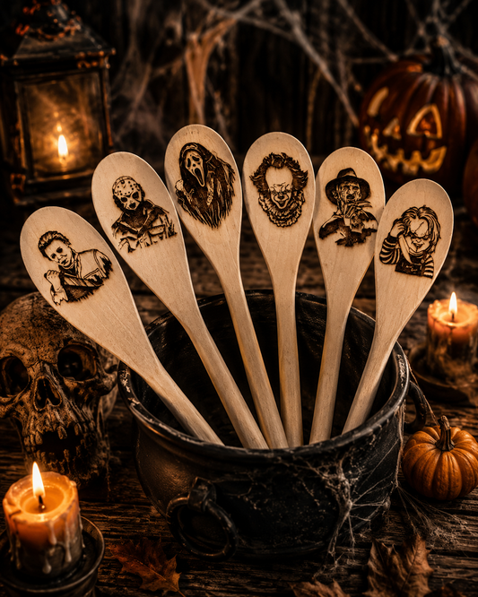 Cucharas de madera grabadas de personajes de terror