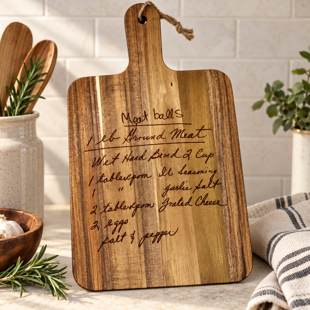 Custom Handwritten Recipe Cutting Board With Handle| Engraved Family Keepsake