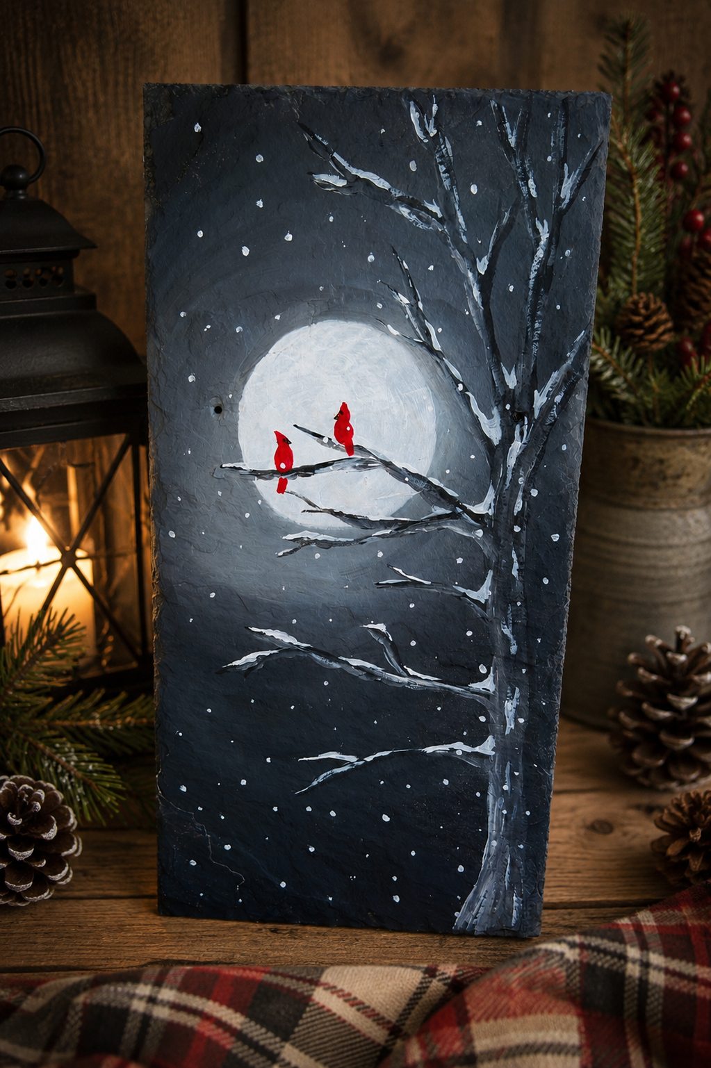Handmade Slate Cardinal Painting | Moonlit Winter Tree Scene
