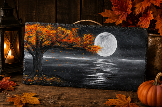 Hand Painted Fall Slate Painting Wall Art – Rustic Autumn Lake Cabin Decor – 18x9 Nature Landscape Artwork