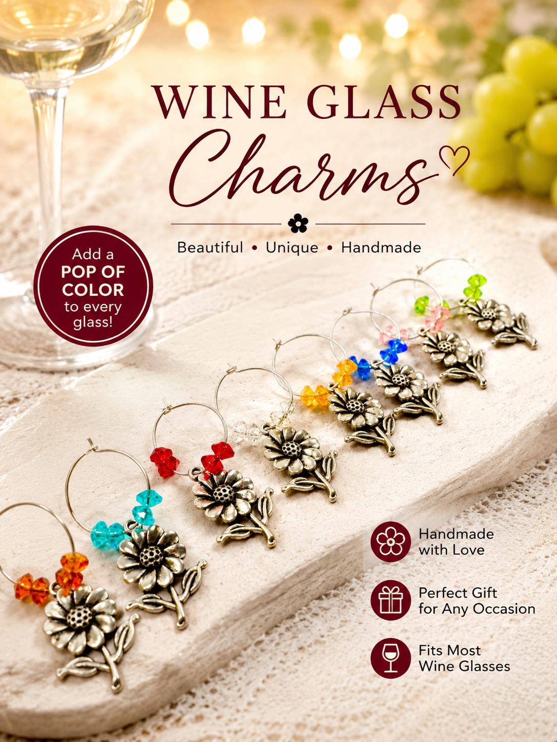 Sunflower Wine Glass Charms – Rustic Drink Markers for Parties, Weddings & Gifts