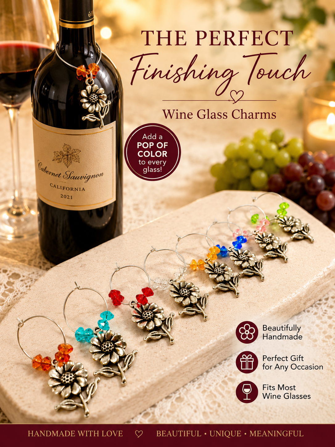 Sunflower Wine Glass Charms – Rustic Drink Markers for Parties, Weddings & Gifts