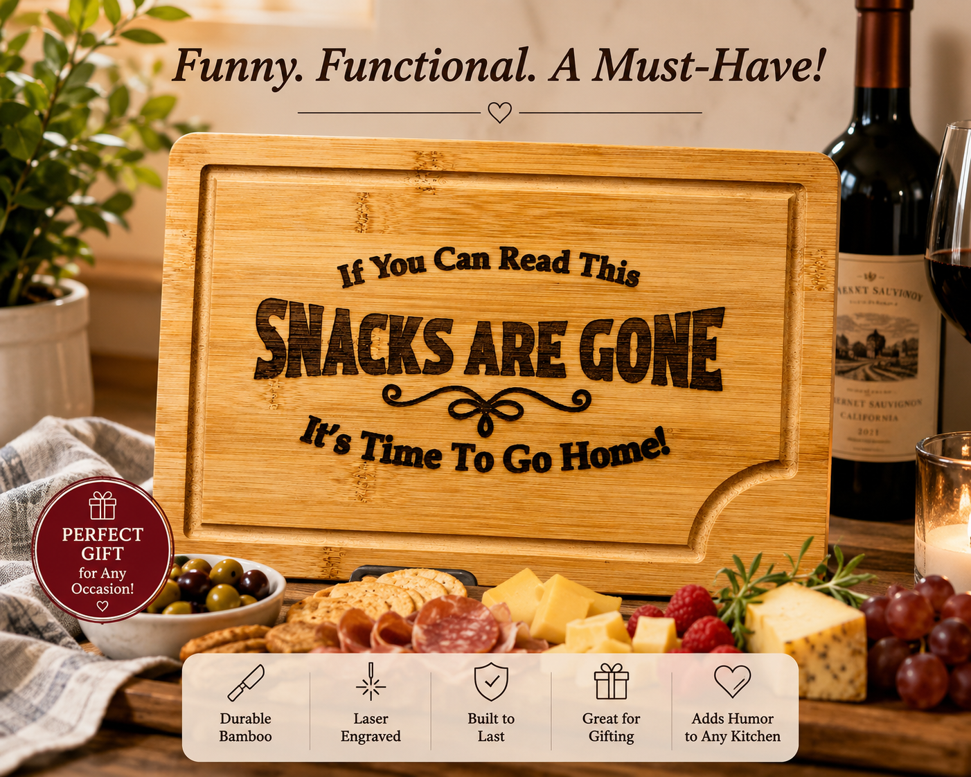 Funny Snack Cutting Board | Bamboo Serving Tray | Engraved Kitchen Gift | Hostess Gift | Housewarming Gift | Party Snack Board