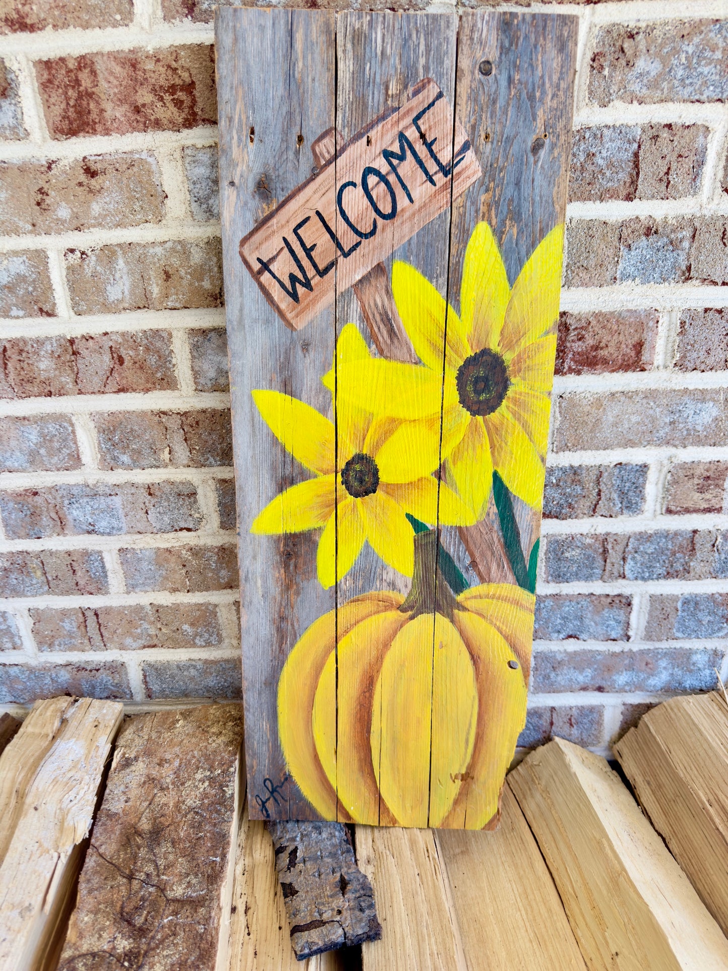 Handmade Rustic Fall Welcome Sign | Reclaimed Wood Sunflower & Pumpkin Decor