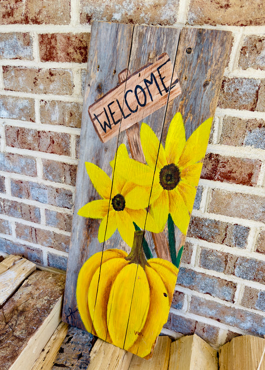 Handmade Rustic Fall Welcome Sign | Reclaimed Wood Sunflower & Pumpkin Decor
