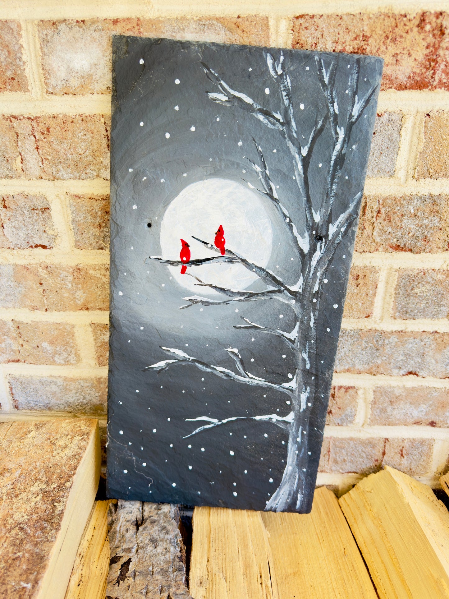 Handmade Slate Cardinal Painting | Moonlit Winter Tree Scene