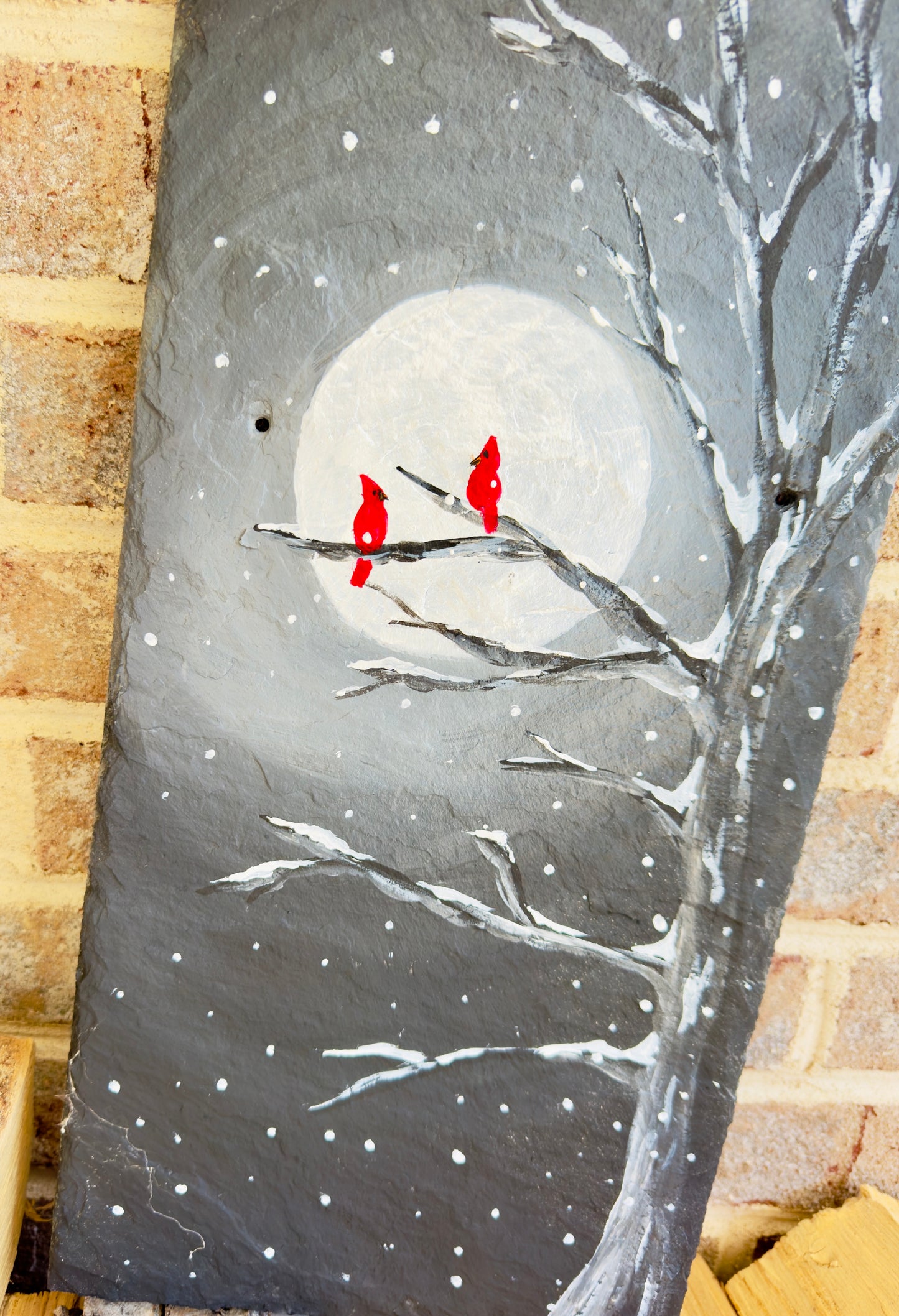 Handmade Slate Cardinal Painting | Moonlit Winter Tree Scene
