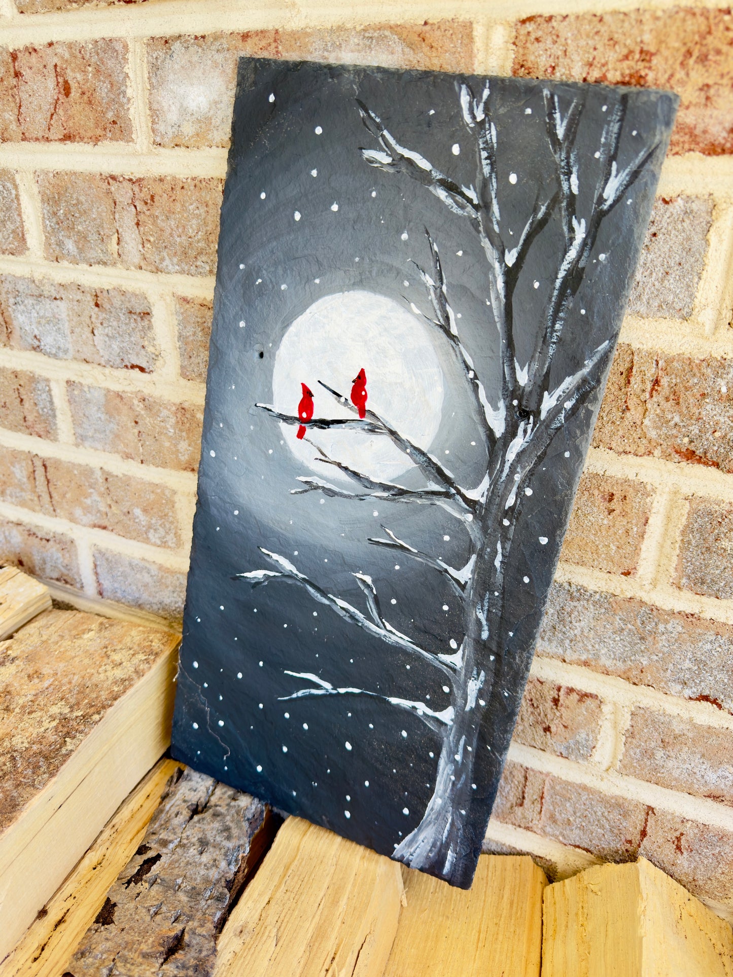 Handmade Slate Cardinal Painting | Moonlit Winter Tree Scene