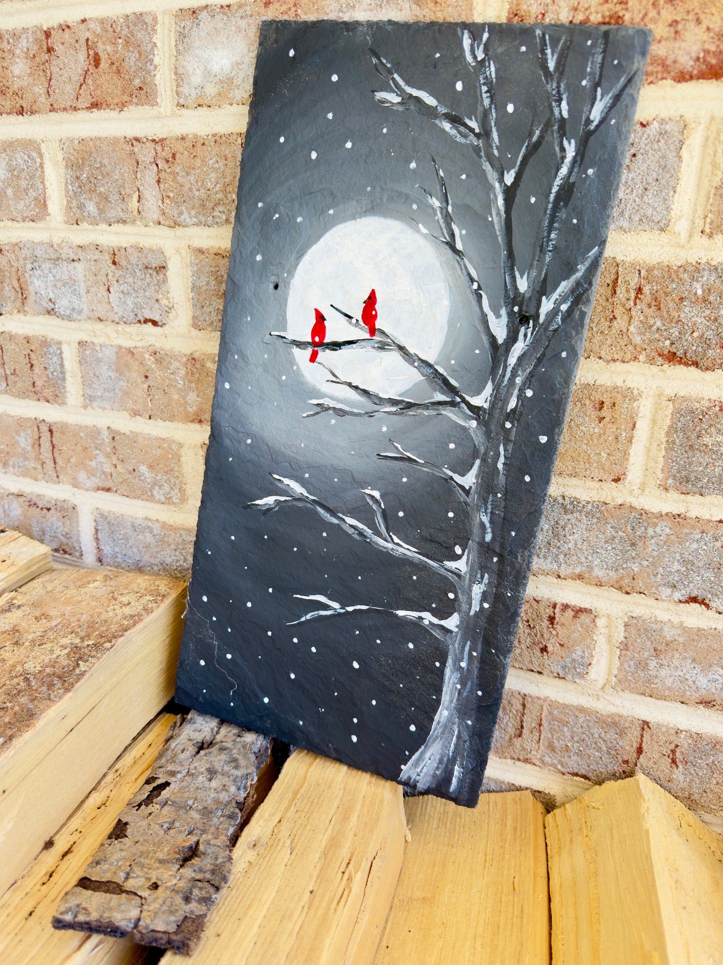 Handmade Slate Cardinal Painting | Moonlit Winter Tree Scene