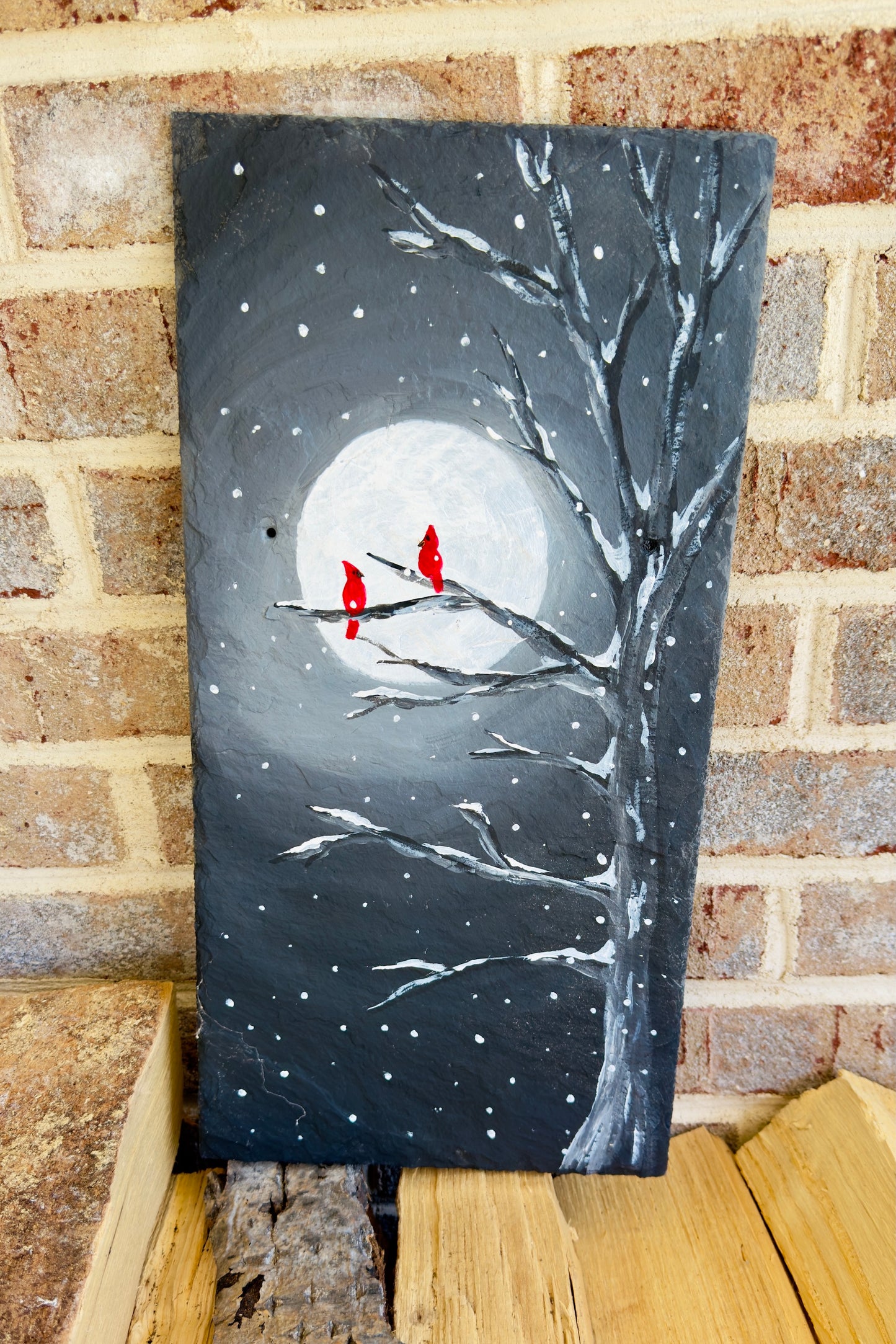 Handmade Slate Cardinal Painting | Moonlit Winter Tree Scene