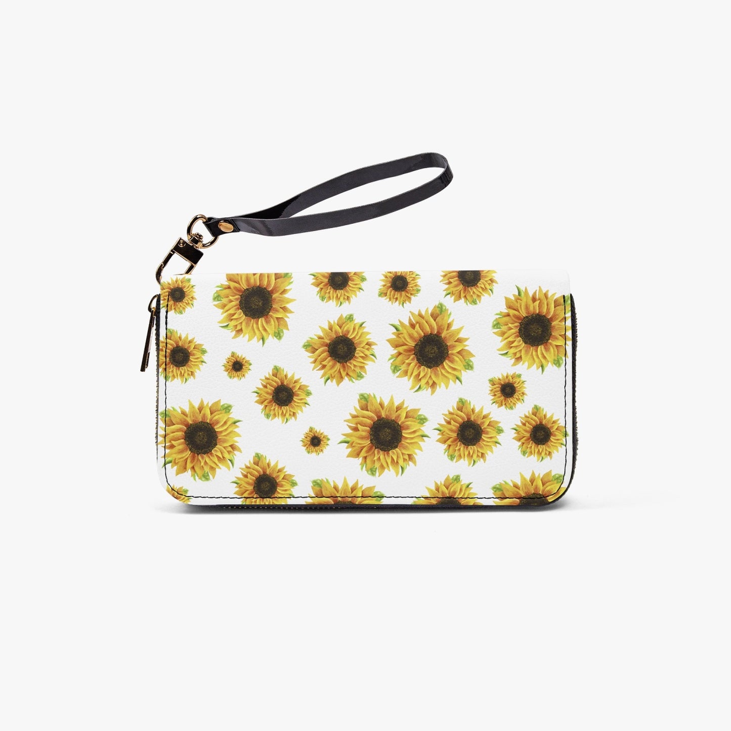 White Sunflower Leather Strap Zipper Wallet