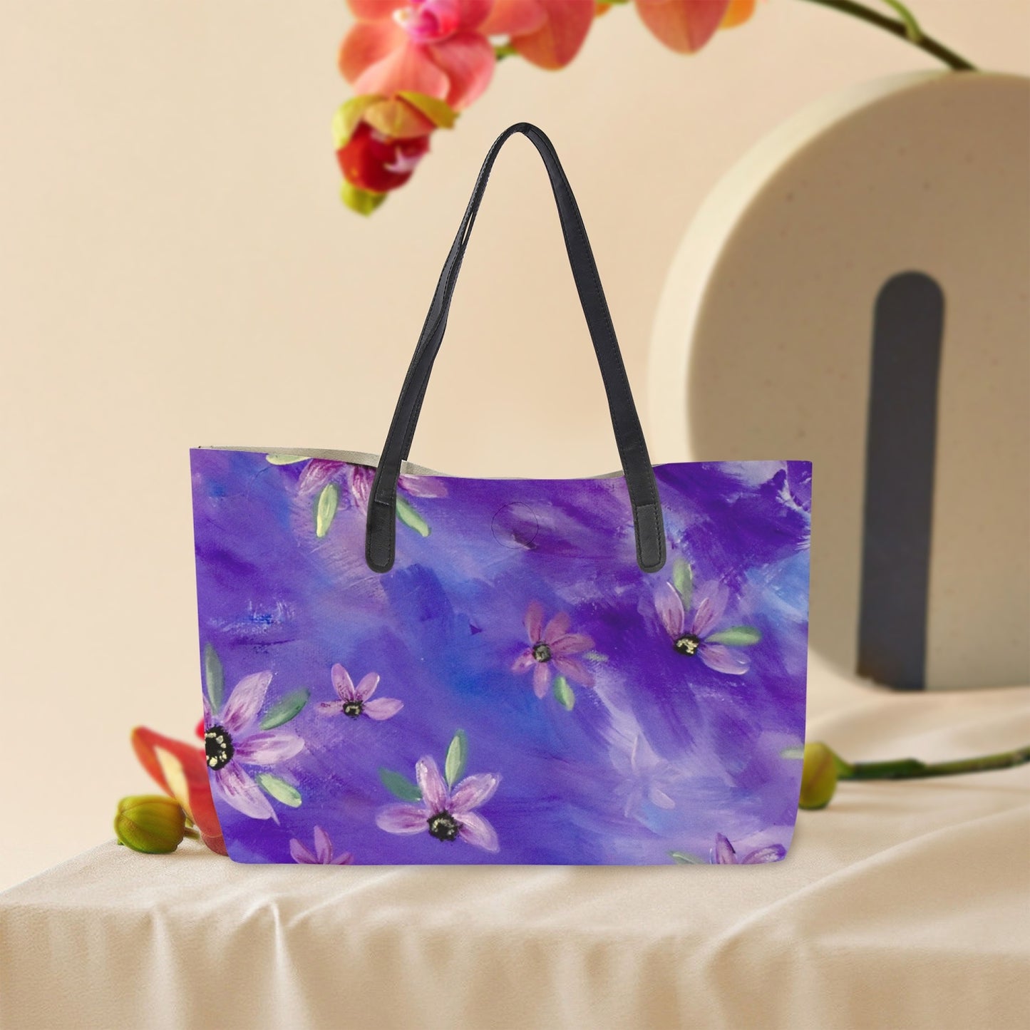 Purple Sunflower Tote Bag With Black Handles