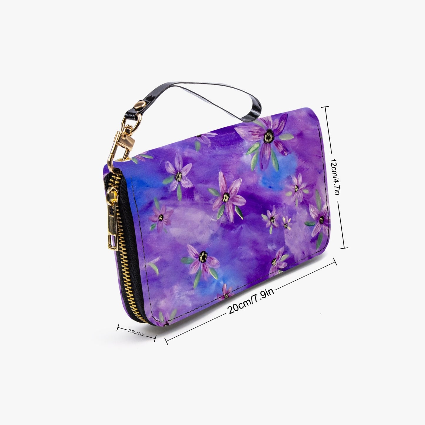 Purple Sunflower Leather Strap Zipper Wallet