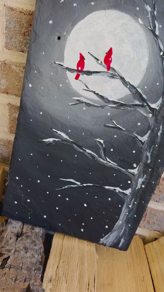 Handmade Slate Cardinal Painting | Moonlit Winter Tree Scene