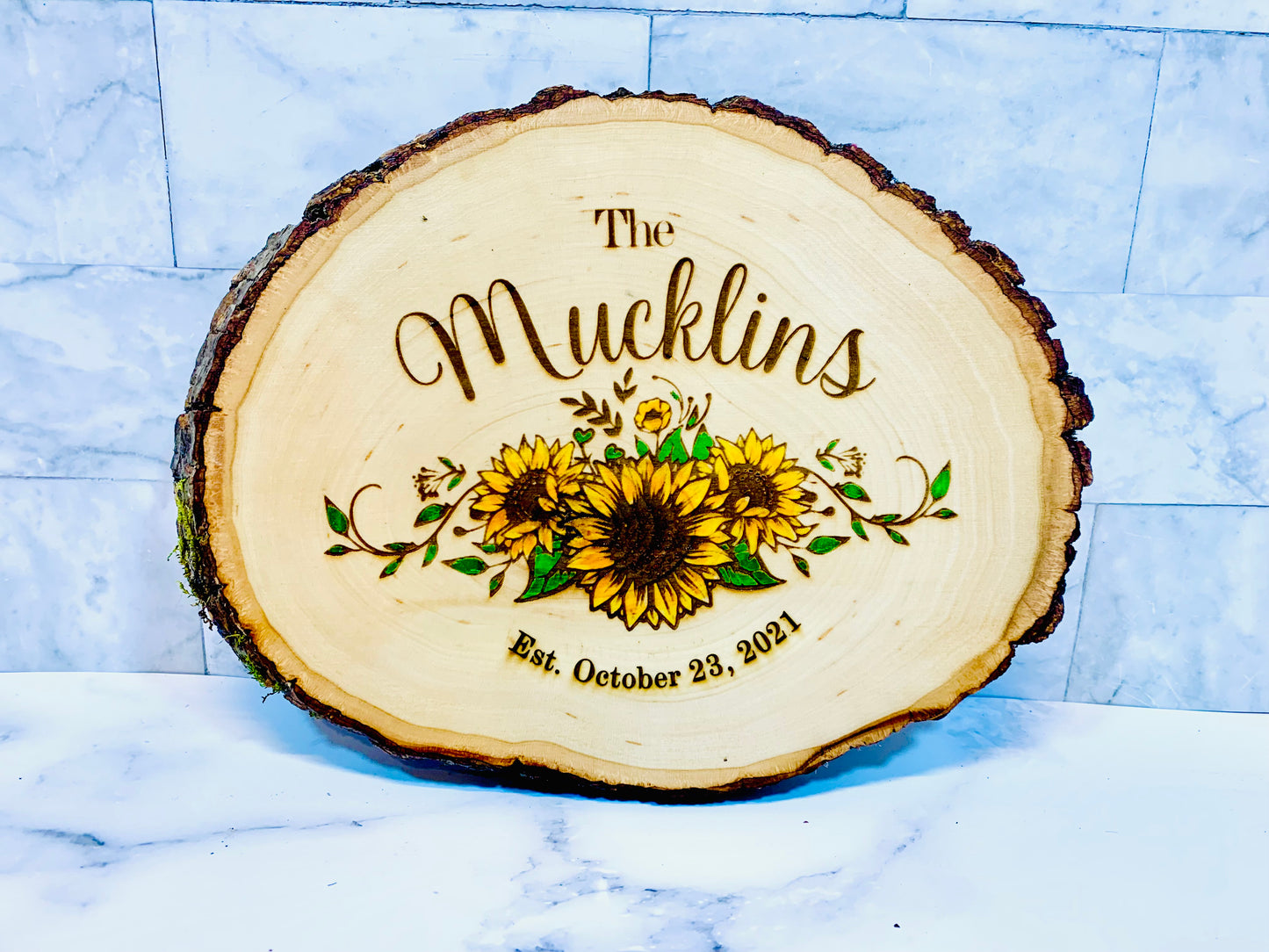 Personalized Sunflower Last Name Live Edge Wooden Sign - MixMatched Creations