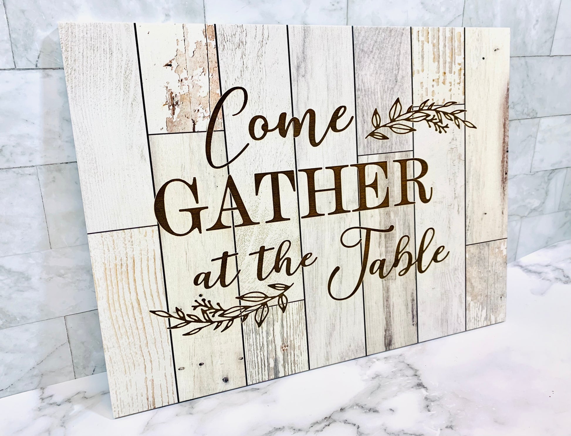 Come Gather At Our Table Personalized 12" x 16" Faux Wooden Sign - MixMatched Creations