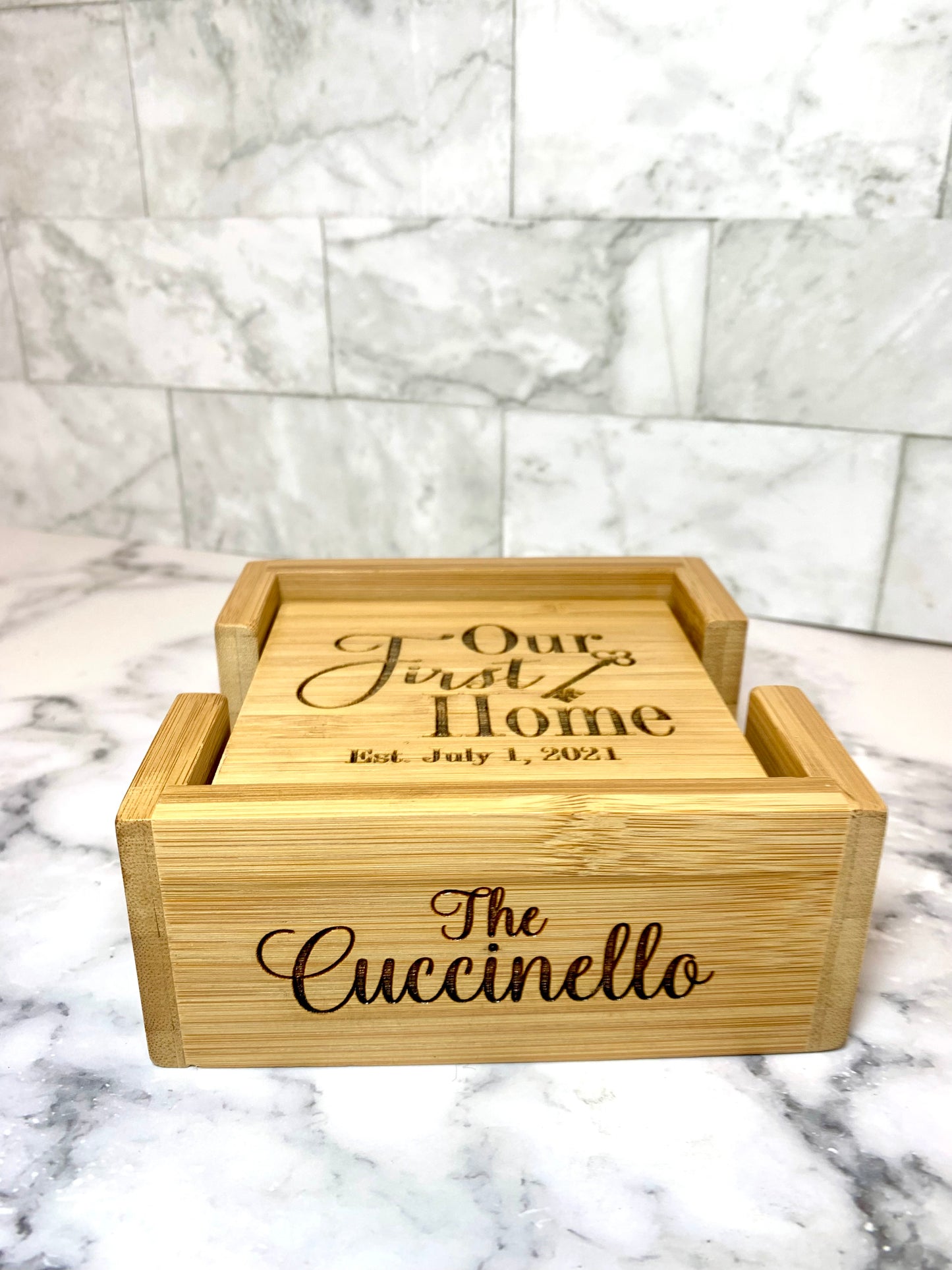 Personalized Our First Home Bamboo Coaster Set - MixMatched Creations