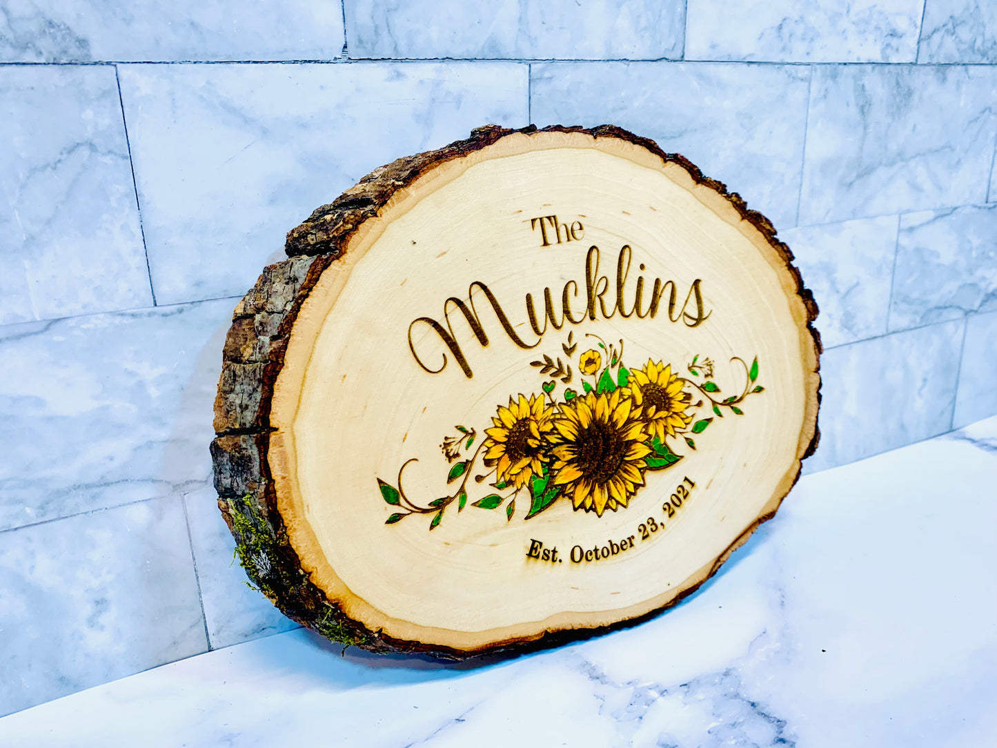 Personalized Sunflower Last Name Live Edge Wooden Sign - MixMatched Creations