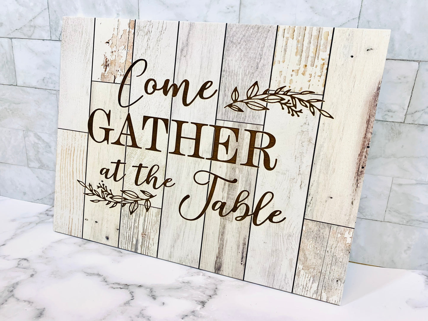 Come Gather At Our Table Personalized 12" x 16" Faux Wooden Sign - MixMatched Creations