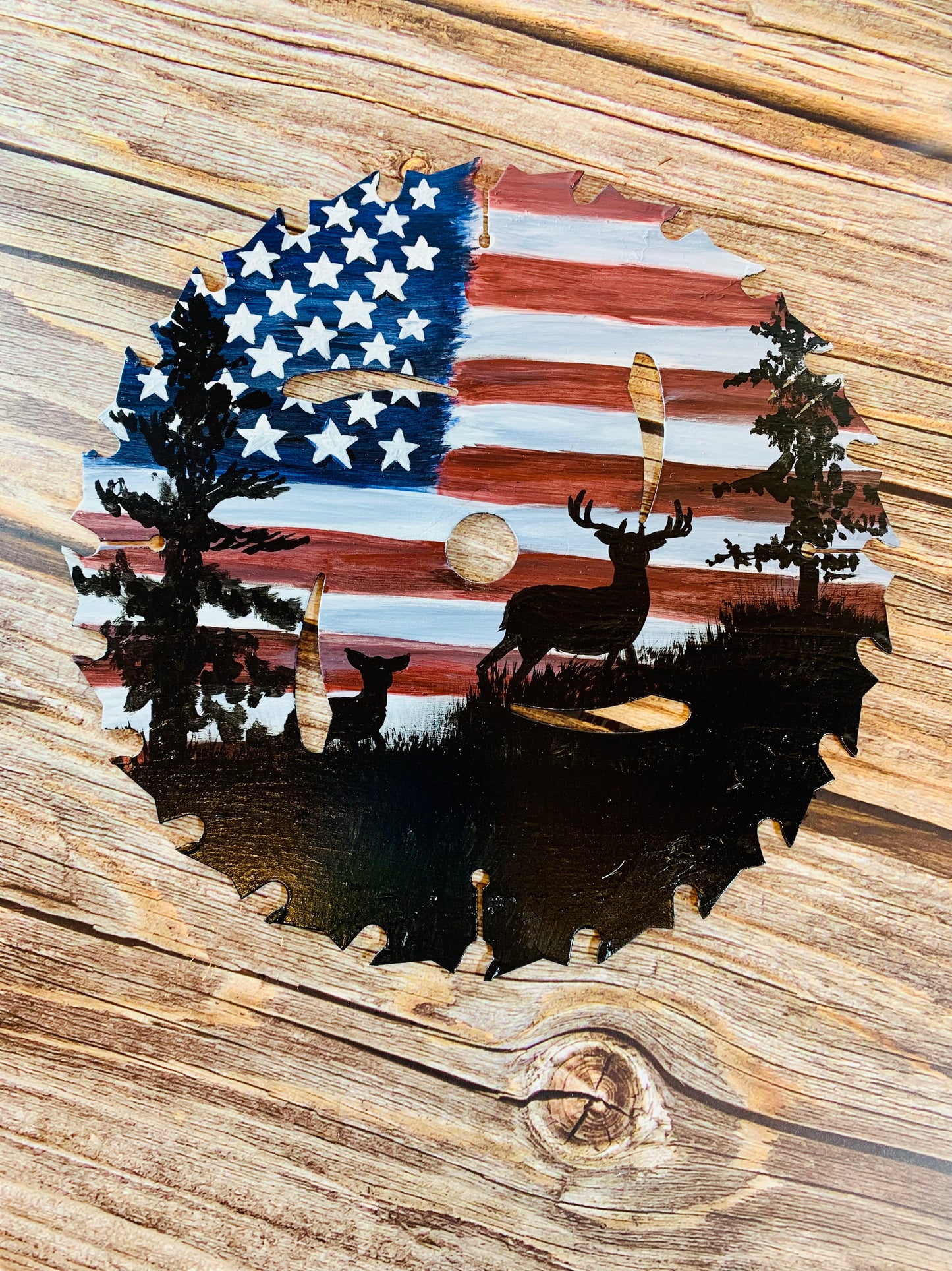 American Flag Deer Painted Saw Blade