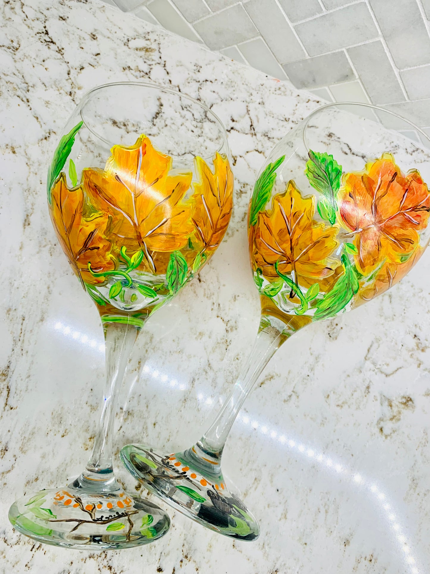 Autumn Leaves 20oz Wine Glass Hand Painted Set Of 2
