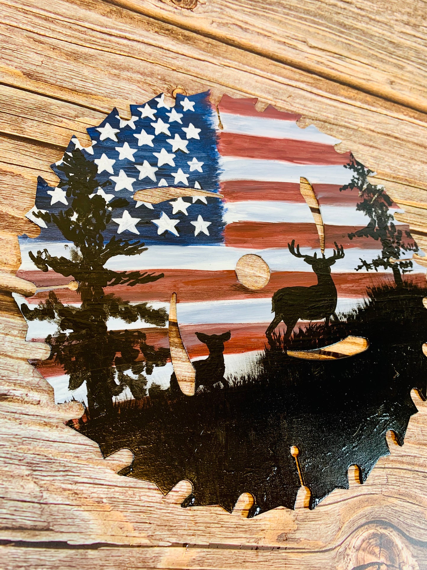 American Flag Deer Painted Saw Blade