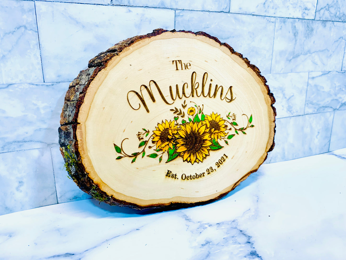 Personalized Sunflower Last Name Live Edge Wooden Sign - MixMatched Creations