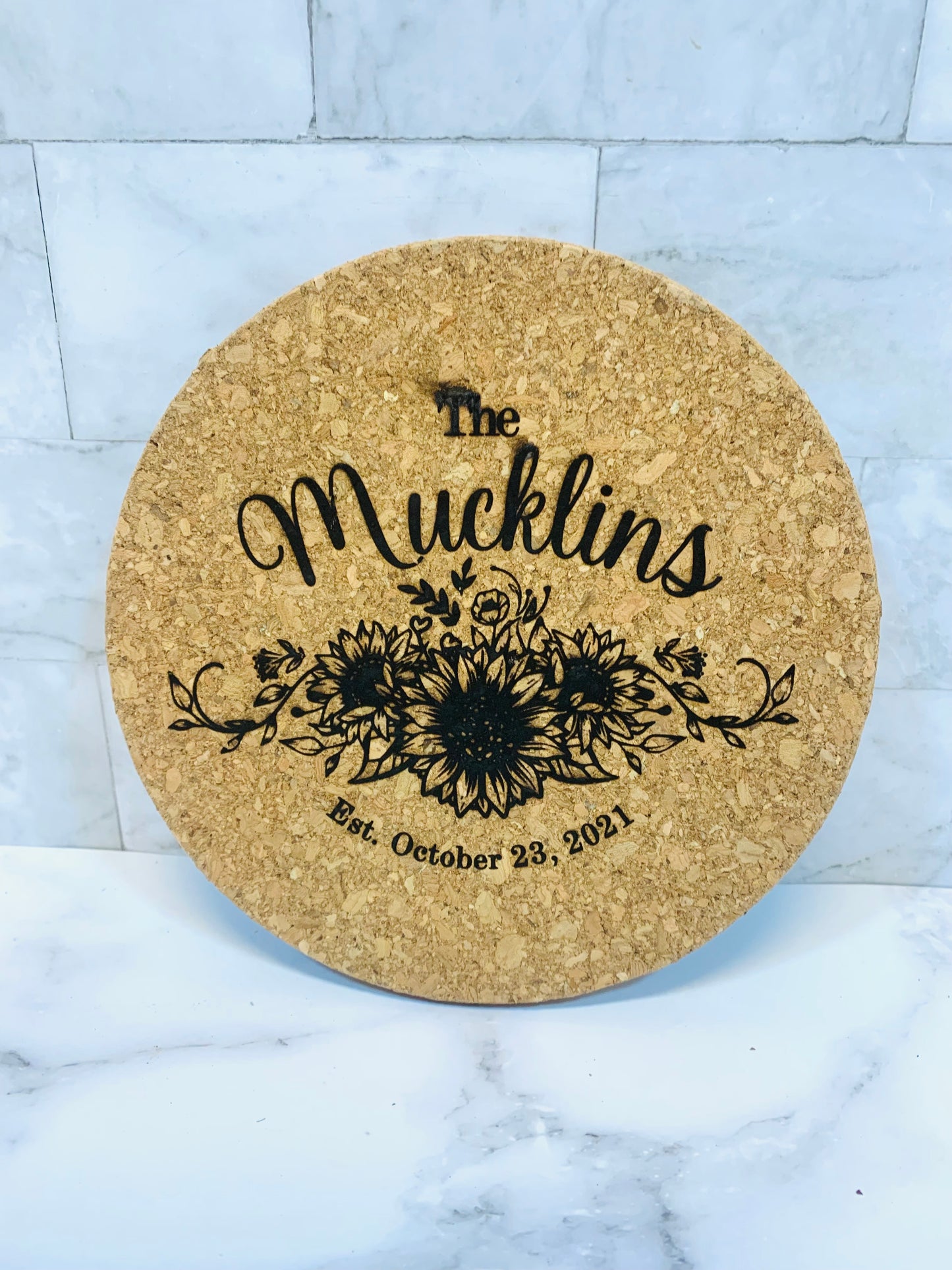 Personalized Wedding Sunflower Cork Trivet - MixMatched Creations