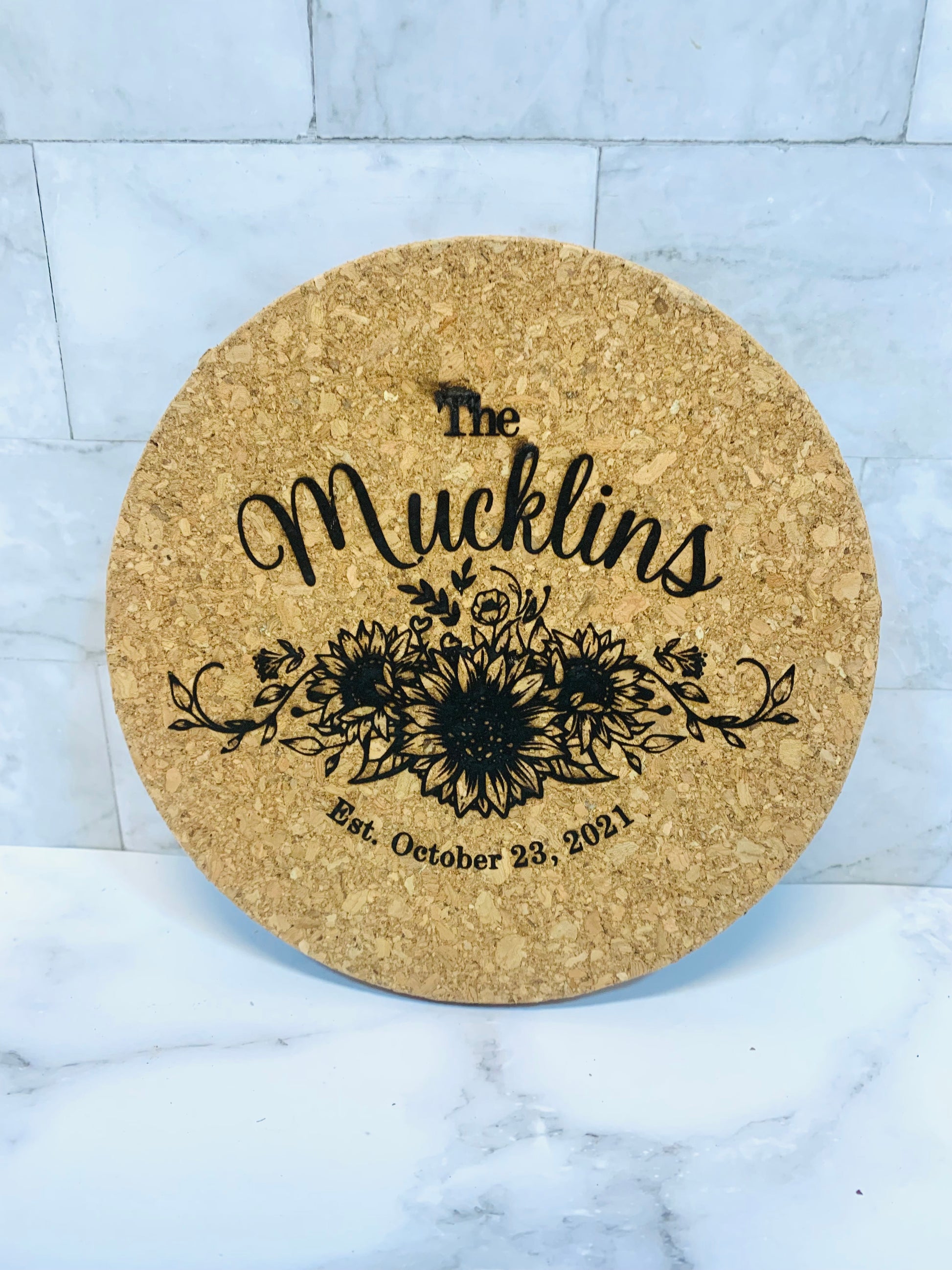 Personalized Wedding Sunflower Cork Trivet - MixMatched Creations