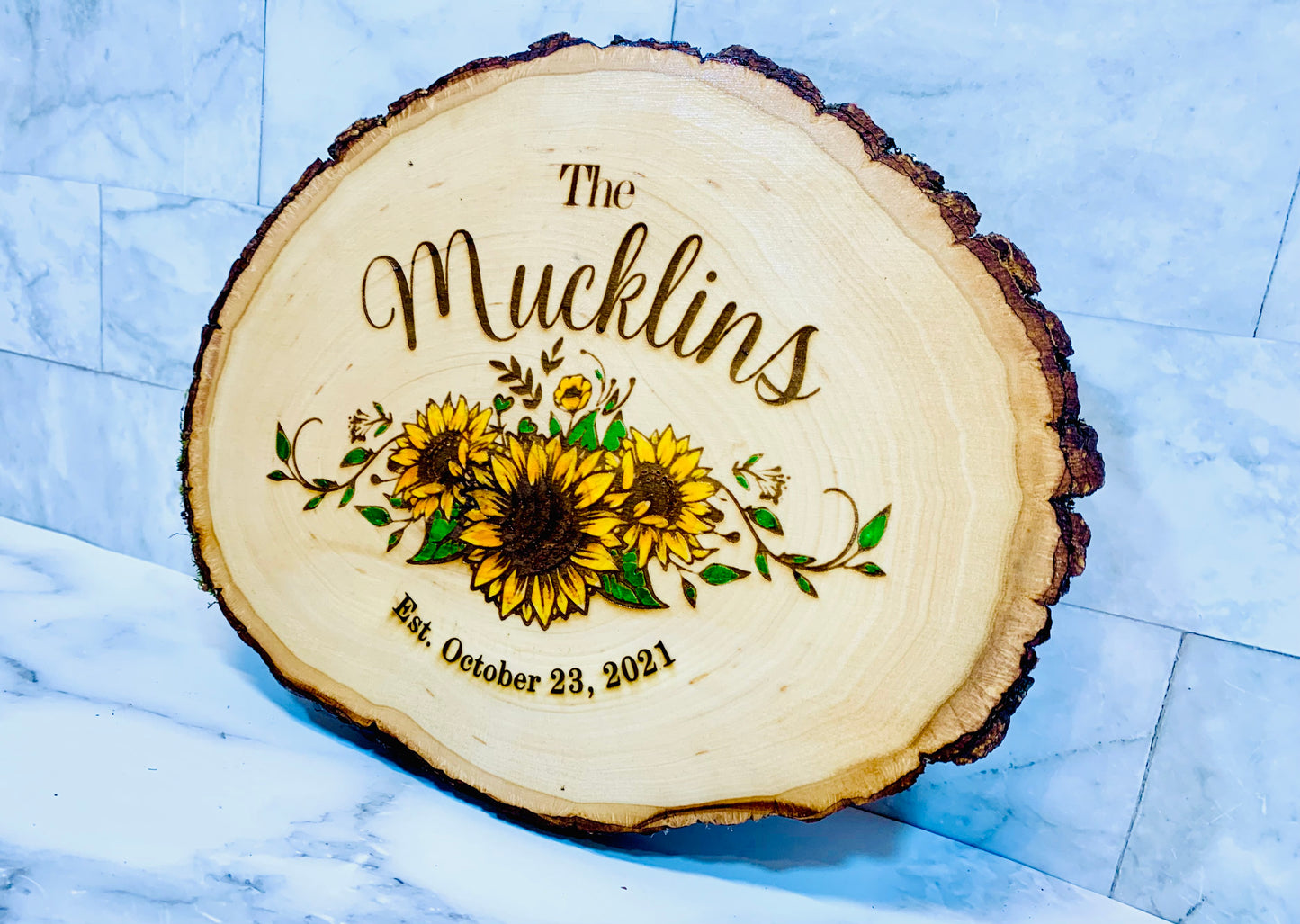 Personalized Sunflower Last Name Live Edge Wooden Sign - MixMatched Creations