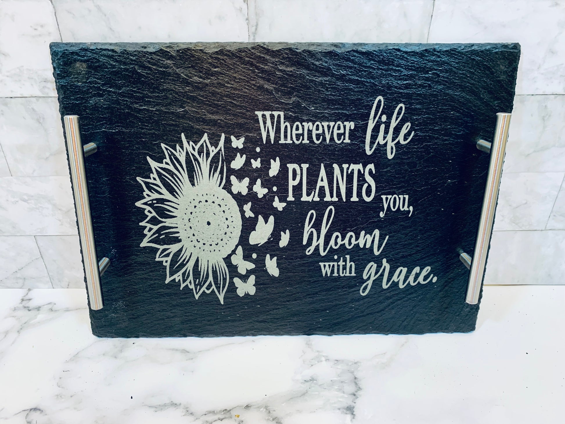 Wherever Life Plants You Bloom With Grace Sunflower Slate Tray - MixMatched Creations