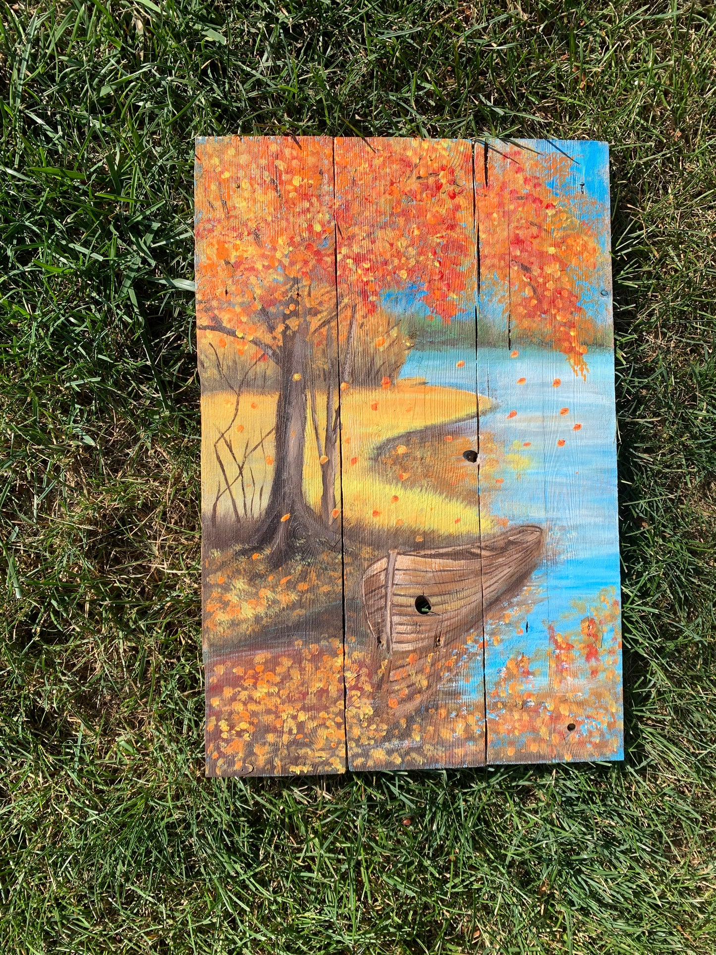 Autumn Boat Landscape Painted Wood Sign