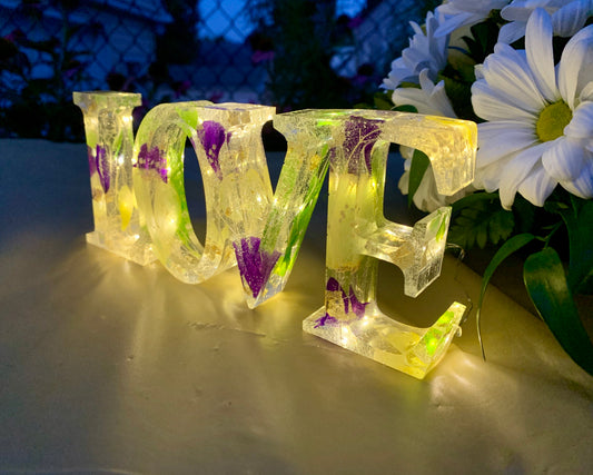 Resin Love Light Up Sign With Purple & Yellow Flowers - MixMatched Creations