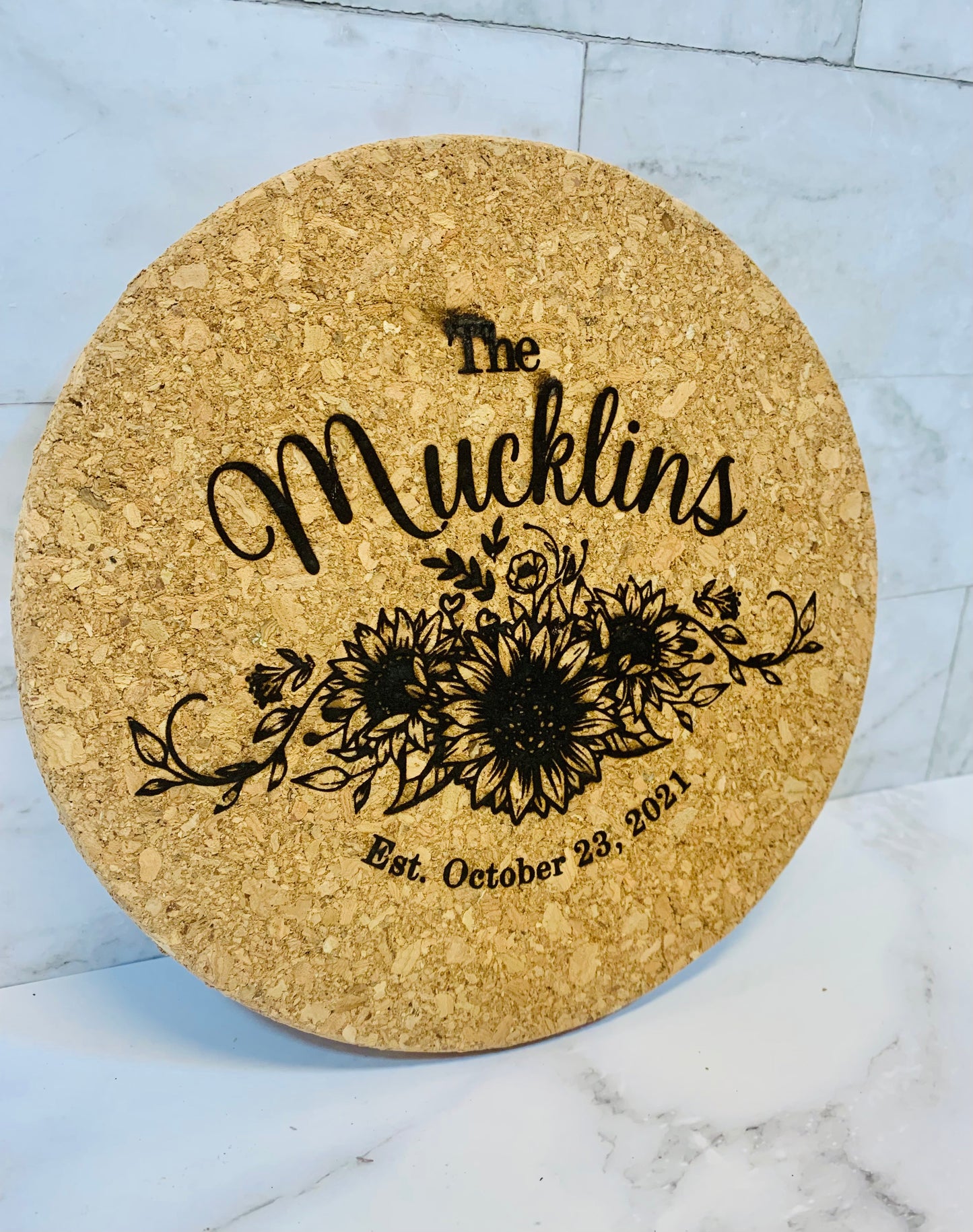 Personalized Wedding Sunflower Cork Trivet - MixMatched Creations