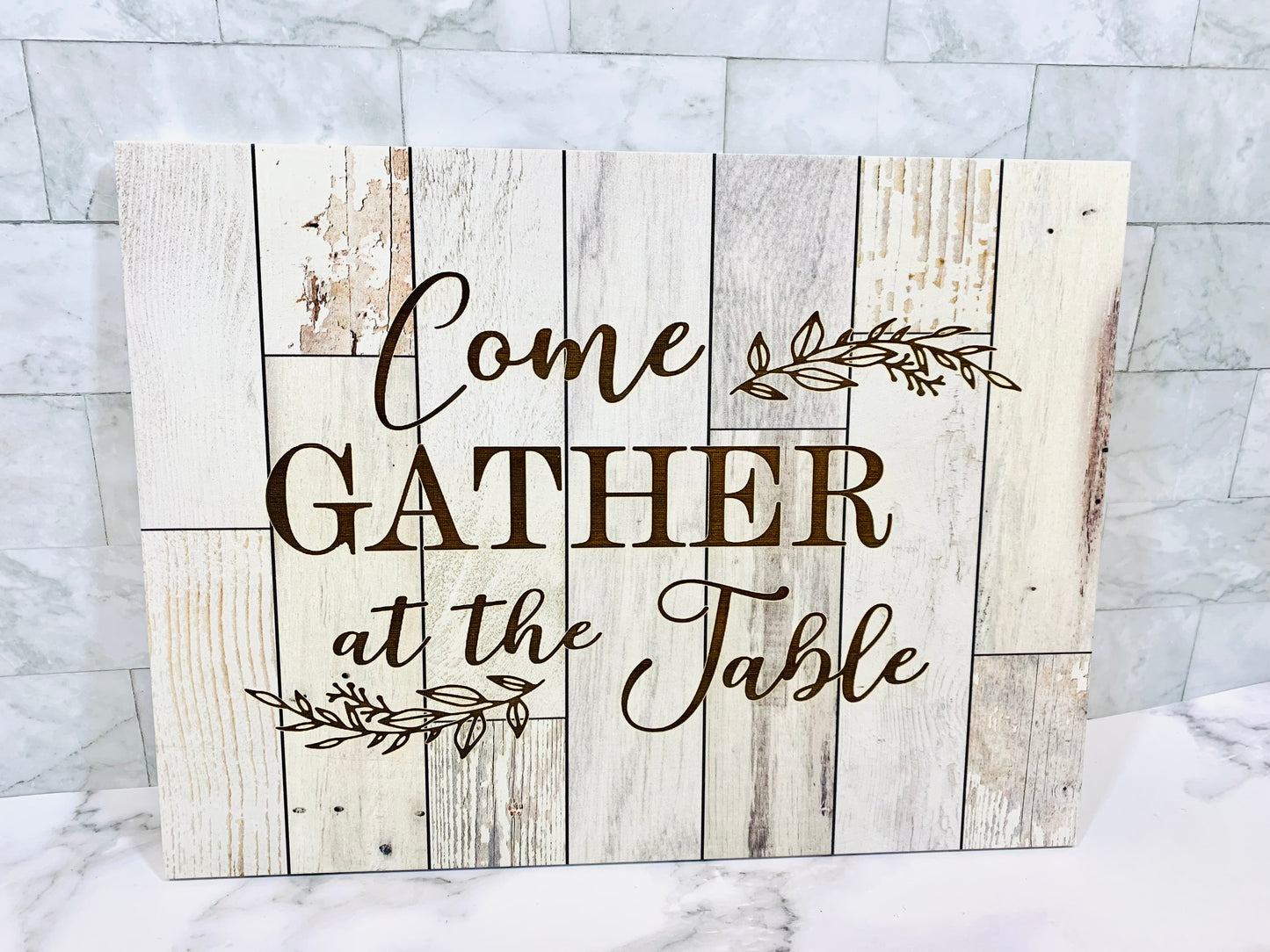 Come Gather At Our Table Personalized 12" x 16" Faux Wooden Sign - MixMatched Creations