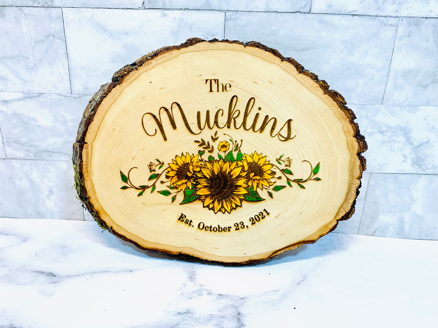 Personalized Sunflower Last Name Live Edge Wooden Sign - MixMatched Creations