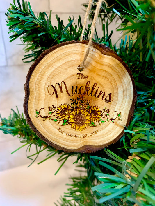 Personalized Sunflower Wedding Christmas Ornament Live Edge - MixMatched Creations