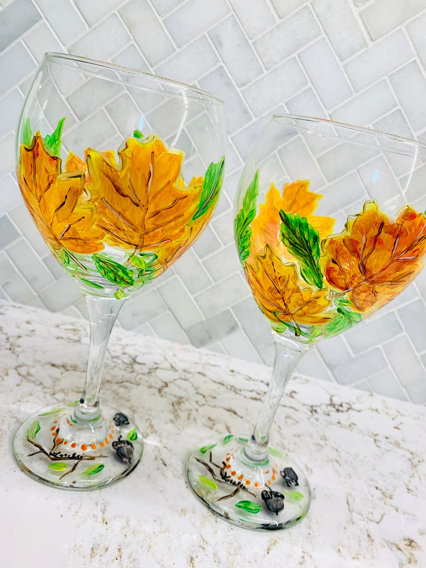 Autumn Leaves 20oz Wine Glass Hand Painted Set Of 2