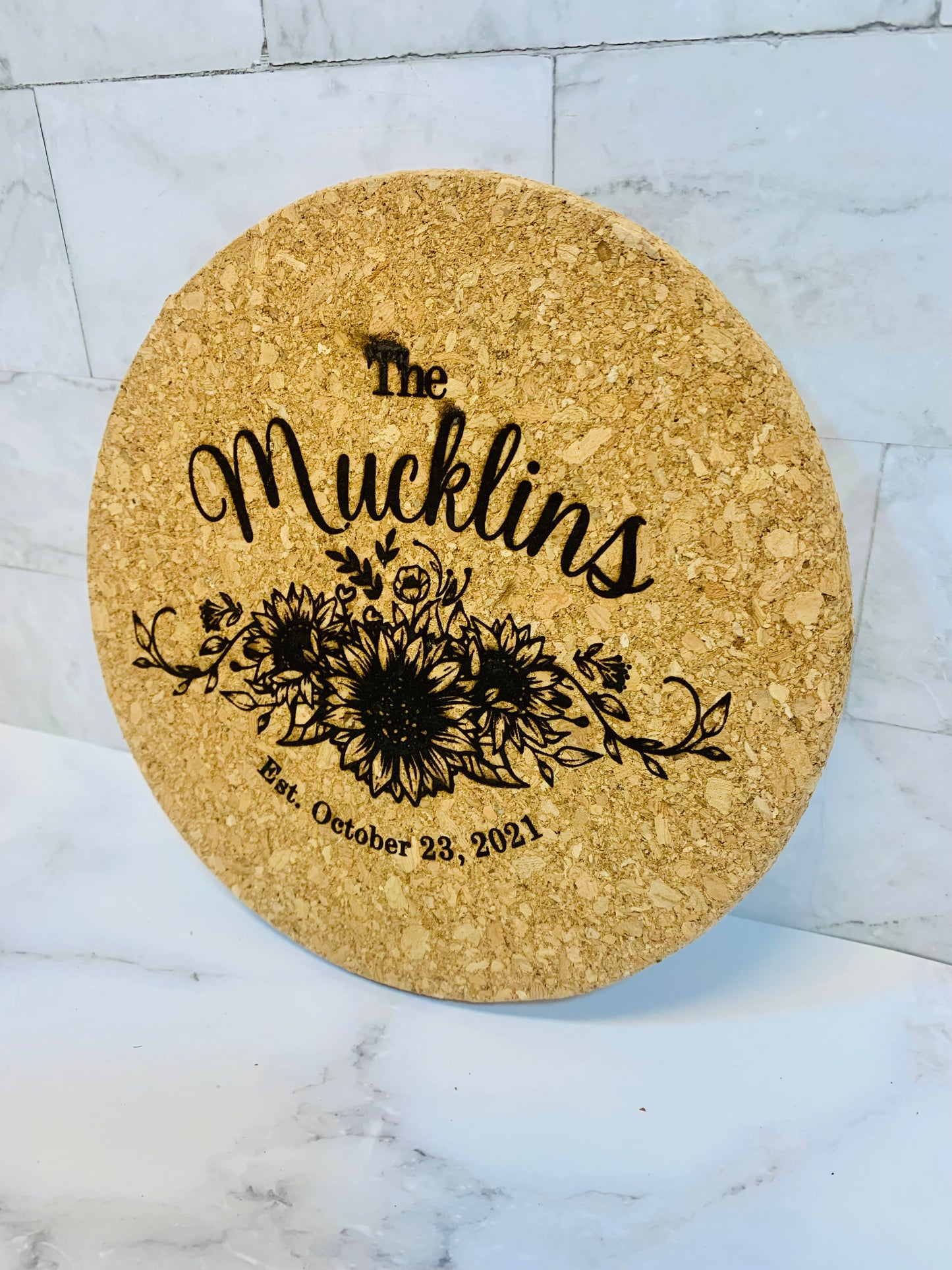 Personalized Wedding Sunflower Cork Trivet - MixMatched Creations