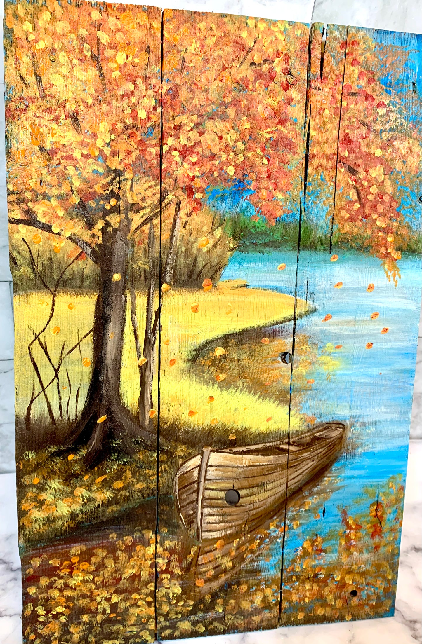Autumn Boat Landscape Painted Wood Sign