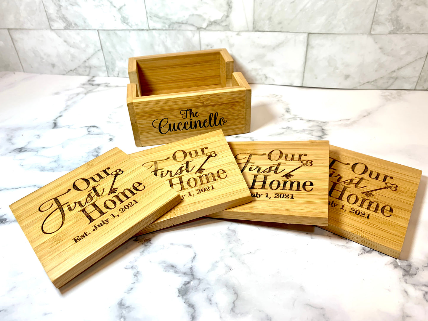 Personalized Our First Home Bamboo Coaster Set - MixMatched Creations