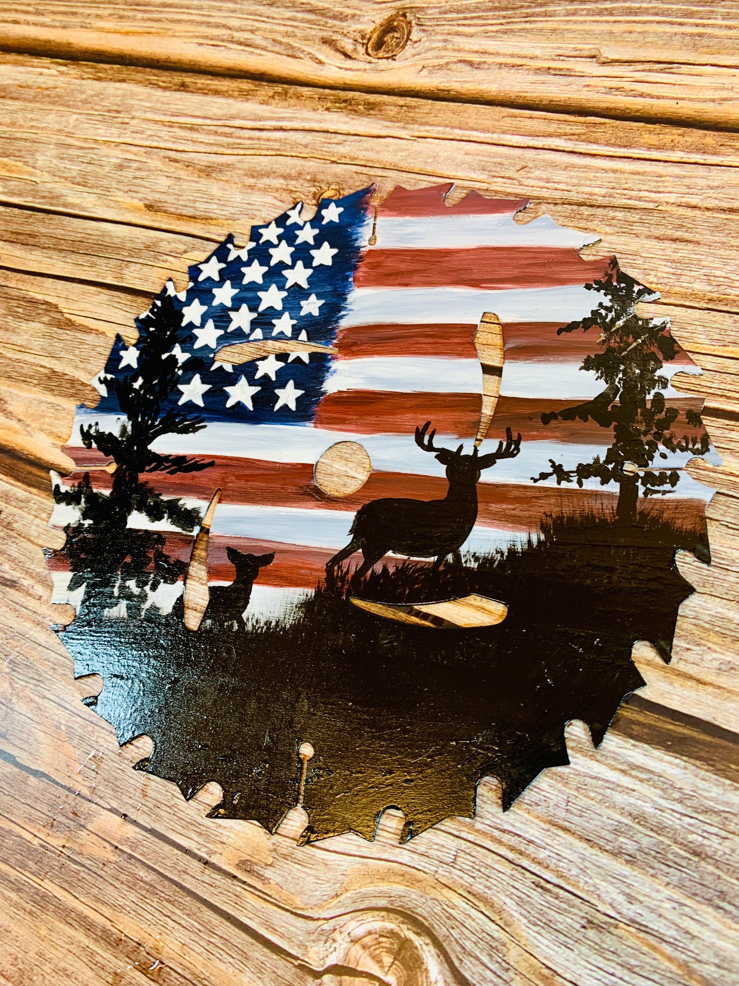 American Flag Deer Painted Saw Blade