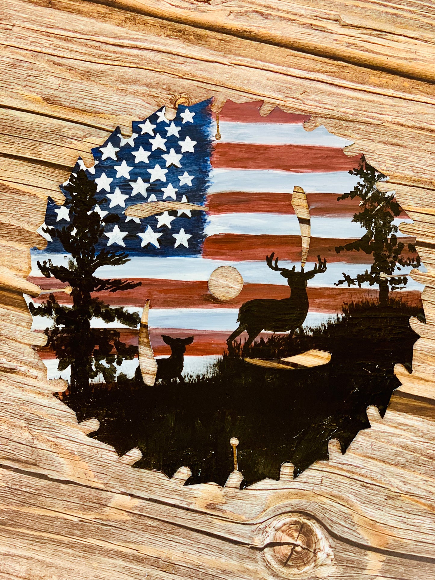 American Flag Deer Painted Saw Blade